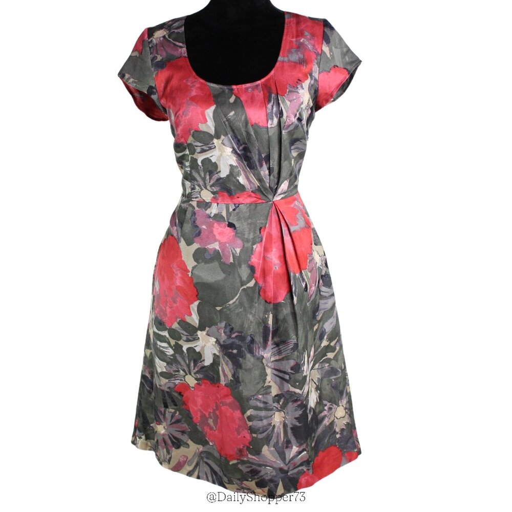 Banana Republic Mad Men Begonia Print Short Sleeve Scoop Neck Gathered Dress